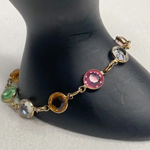 Chain Bracelet Facetted Clear Pastels Bezel Set Gold Tone Links Spring Clasp